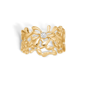 Blossom forgyldt bred ring med blomster og hvid cz