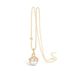 Blossom forgyldt perle vedhæng med hvid FVP, 42+3 cm