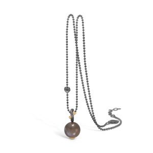 Blossom halskæde i sort sølv med grå månesten, 80 cm