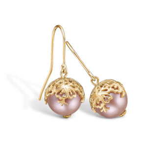 Blossom ørehængere i 14 kt guld med rosa perle