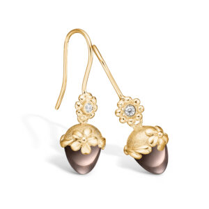 Blossom ørehængere i guld med brillanter og lille røgkvarts