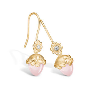 Blossom ørehængere i guld med brillanter og lille rosakvarts