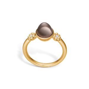 Blossom ring i 14 kt guld med to diamanter og en lille røgkvarts