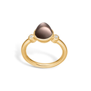 Blossom ring i 14 kt guld med to diamanter og lille røgkvarts