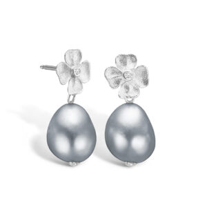Blossom sølv blomster ørestikker med grå perle og cz, rhod.