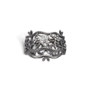 Blossom sølv oxideret bred hjerte ring med grene og blomster