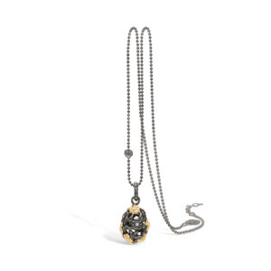 Blossom sølv sort rhodineret aflang kugle vedhæng med sort og forgyldte blomster, 80cm