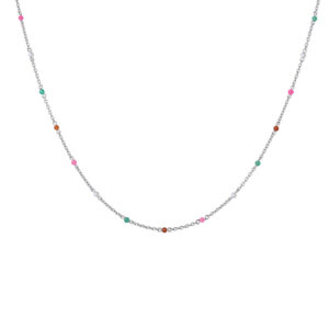 Bybiehl Scarlett sølv halskæde med perler, rød agat, grøn agat og pink jade 45 cm