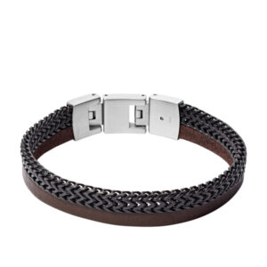 Fossil armbånd i brunt læder og sort mesh lænke