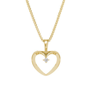 Hjerte vedhæng i 14 kt guld med brillant i spidsen - inkl. forgyldt sølvkæde
