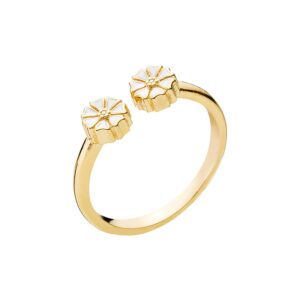 Lund Copenhagen Marguerit Ring, 2 små blomster forgyldt med hvid emalje