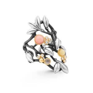 OLE LYNGGAARD Forest sølv ring med rosa koral, grå månesten og rav
