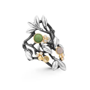 OLE LYNGGAARD Forest sølv ring med serpentin, grå månesten, rutilkvarts og 8 brillanter
