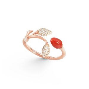 OLE LYNGGAARD ring Blooming i 18 kt rosaguld med rød koral + 2 guld pavéblade med 44 brill. ialt 0,18 ct TW.VS