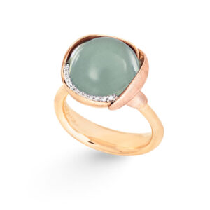 Ole Lynggaard Ring Lotus str. 3 - 18 karat rødguld - blade rosaguld akvamarin cabochon 13 brill. i alt 0,05 ct. TW.VS.