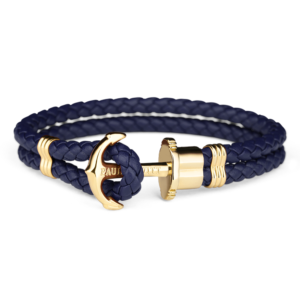 Paul Hewitt navy flettet læderarmbånd med blank guldfarvet anker
