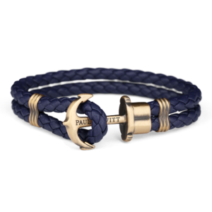 Paul Hewitt navy flettet læderarmbånd med mat guldfarvet anker