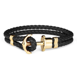 Paul Hewitt sort flettet læderarmbånd med blank guldfarvet anker