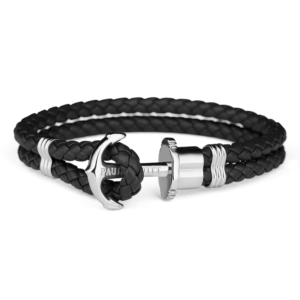Paul Hewitt sort flettet læderarmbånd med blank stål anker