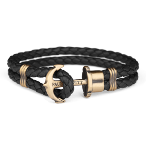 Paul Hewitt sort flettet læderarmbånd med mat guldfarvet anker
