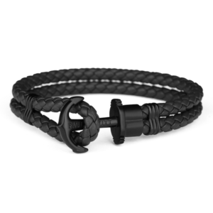 Paul Hewitt sort flettet læderarmbånd med mat sort anker