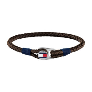 Tommy Hilfiger brun flettet læderarmbånd med stål logo lås
