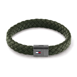 Tommy Hilfiger grøn flettet læderarmbånd med mørk stål magnetlås