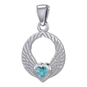 Vedhæng Englevinger - med Blå Topas hjerte - 23mm - u/kæde