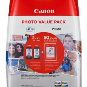 2-Pak sort og farvet patron - Canon 545XL/546XL + 50xPapir 10x15 -