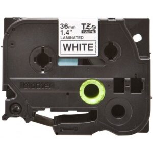 Brother tape 36 mm. Sort tekst / hvid tape 8 m. pr. rl.