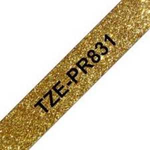 TZE-PR831 Original Brother tape 12mm. sort tekst / Guld glimmertape (laminerede) 8 m. pr. rl.