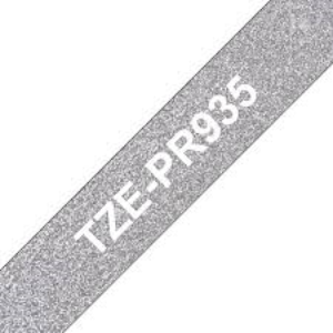 TZE-PR935 Original Brother tape 12mm. hvid tekst / Sølv glimmertape (laminerede) 8 m. pr. rl.