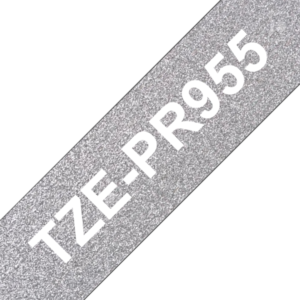 TZE-PR955 Original Brother tape 24mm. Hvid tekst / Sølv glimmertape (laminerede) 8 m. pr. rl.