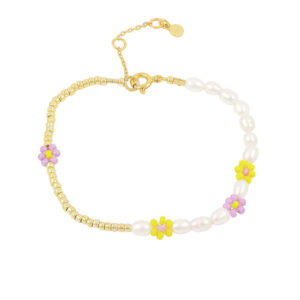 Hultquist Alan forgyldt blomster armbånd med hvide perler